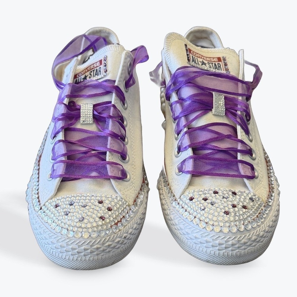 Custom White Converse Chuck Taylor All Star Low Top Sneakers Embellished 10.5 - Picture 4 of 14